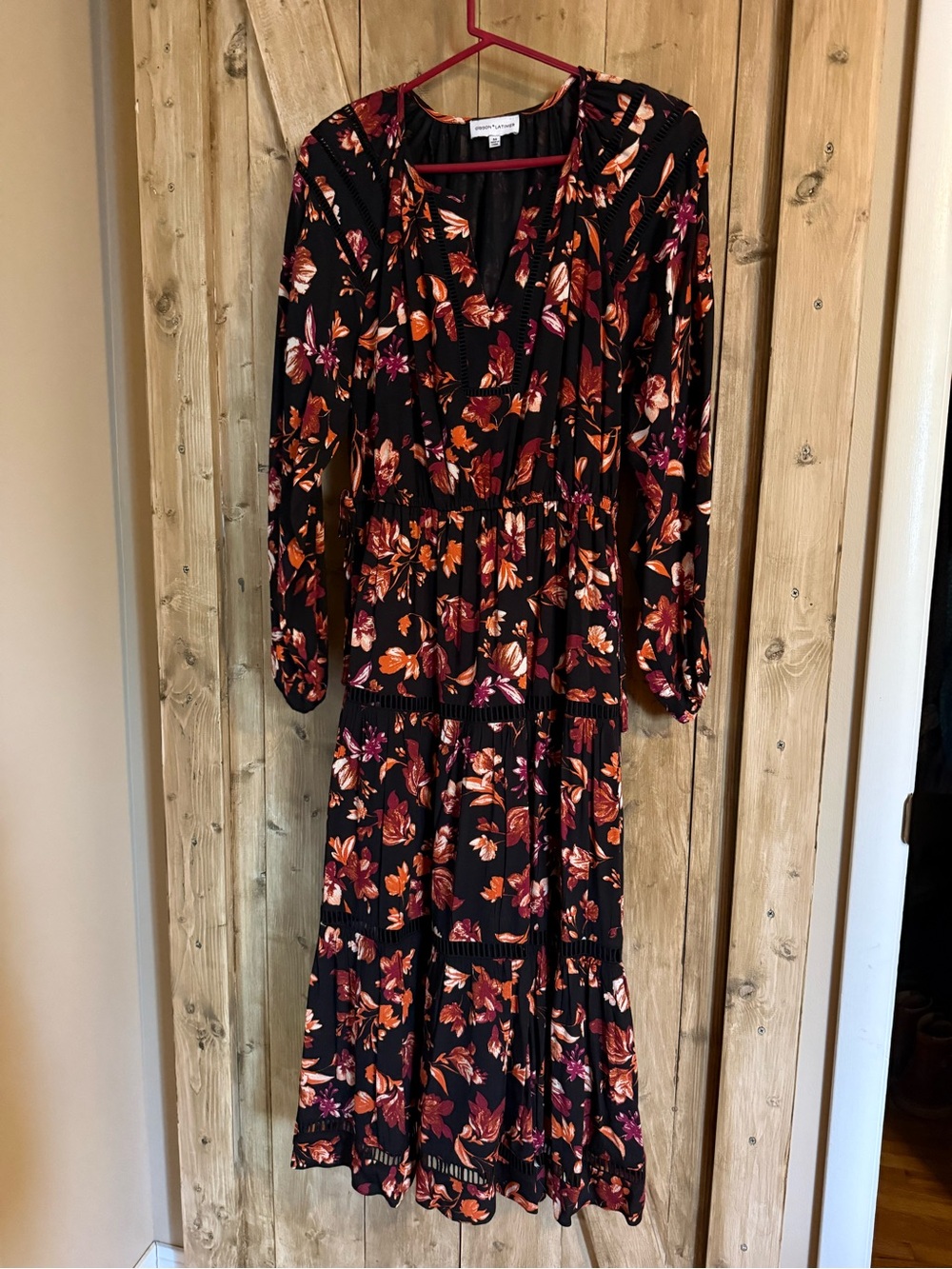Gibson Black Maxi Dress with Orange and Burgundy Floral Print